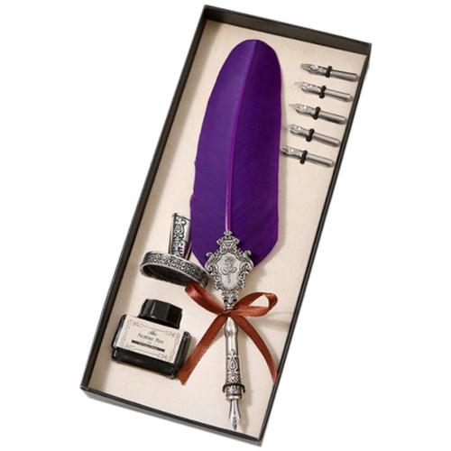 1 Ensemble Rétro Vintage Calligraphie Plume Stylos Mignon Plume Stylos À Bille Kawaii En Peluche Stylos À Bille Pour L'écriture Violet