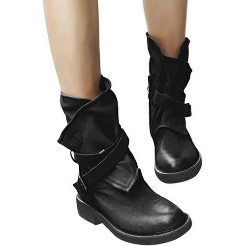 Femme Bottines Retro Automne Et Hiver Cuir Mi mollet Bloc Talon Moto De Motard Ceinture En Cuir Bottes Mode Noir Rakuten