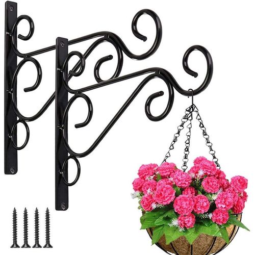2 Pièces Crochets de Suspension Muraux, Support Plante Mural Balcon avec Vis Suspendu en Fer Forgé en Métal Accessoires Lanterne Mangeoires d'oiseaux Balcon de Jardin Décoration (Noir)