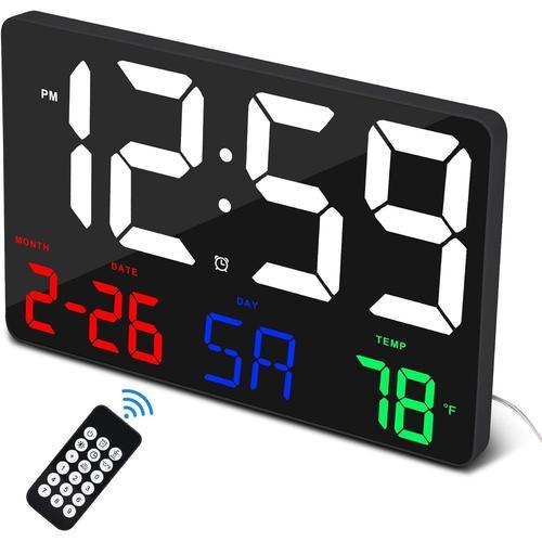 Réveil numérique Grand écran et télécommande sans Fil - Horloge Murale LED surdimensionnée avec dat -12/24 h-Grande Horloge pour la Maison,Le Bureau,la Cuisine,la Gym