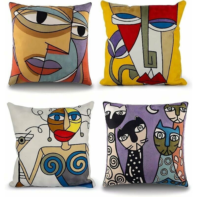 Lot De 4 Housse De Coussin Picasso 45x45 Cm Coton Lin Brodé Housses Coussins Canapé Décoration Salon Scandinave Chambre Lit Fauteuil De Bureau Design Motif Visage Abstrait Vintage Colorée