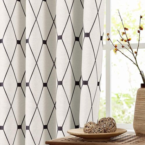Rideaux Brodés De 84 Pouces De Longueur 2 Panneaux Pour Salon Chambre À Coucher, Rideaux Texturés En Lin De Coton Réduisant La Lumière Draperies ¿Illets Assombrissants Pour Fenêtre, Motif Géométrique