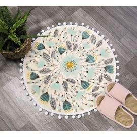 Petit Tapis Rond Diamètre 60 Cm Cercle Mignon Tapis De Bain Avec Pompon Gland Plante Florale Lavable Tapis De Salle De Bain Doux Antidérapant Tapis Rond Douche Évier Salle D'eau Pépinière Chambre Table
