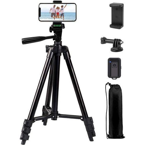 Trépied de téléphone, trépied de caméra portable léger en aluminium de 42 pouces pour iPhone/Samsung/Smartphone/caméra d'action/appareil photo reflex numérique avec support de téléphone et télécommande sans fil Bluetooth