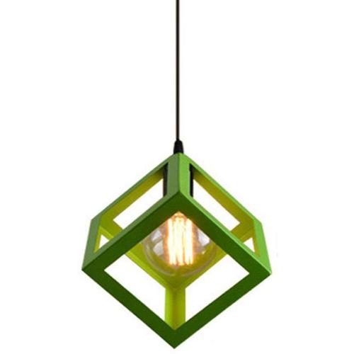 E27 Lustre Suspension Industrielle Contemporain Forme Cube Carré, Lampe De Plafond En Métal Fer Abat-Jour Luminaire, Vert