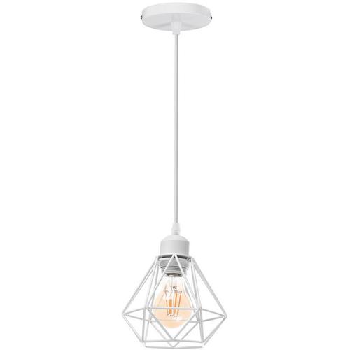 Lustre Suspension Industriel En Métal Blanc , Luminaire Style Vintage Design Forme Cage Diamant Rétro Pour Salon Chambre Salle À Manger (Sans Ampoule)