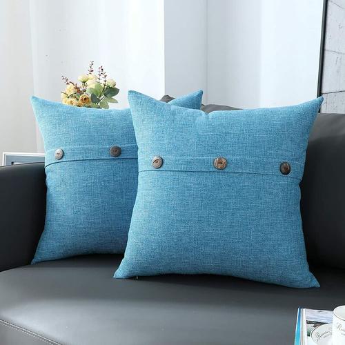 Lot De 2 Housses De Coussin 45 X 45 Cm Bleu Clair Décoratif Ferme Bouton Taie D'oreiller À Trois Volets Maison Salon Chambre Décor Pour Canapé Cuisine Chaise