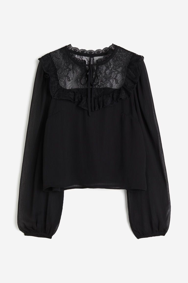 Blouse À Manches Bouffantes Avec Dentelle - Noir