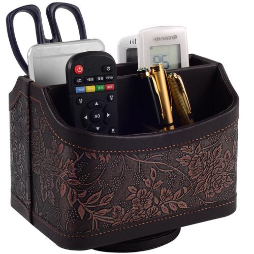 Support de Télécommande Rotative, Organiseurs Multimédia avec 5 Compartiments, Multifonctionnel Organisateur de bureau en PU Cuir, TV Boîte de Rangement pour télécommandes, iPad, phone et lunettes