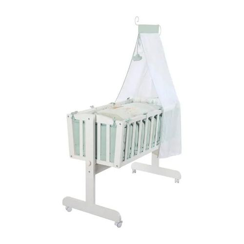Berceau Verrouillable Avec Literie Complète 40 X 90 Cm Roba - Woodland Buddies - Roulettes À Freins - Blanc / Thème Forêt