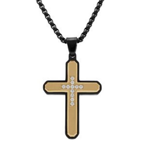 Collier Acier Chaîne Pvd Noir Pendentif Croix Doré 39x27mm Avec Oxydes Blancs 50+10cm