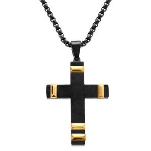 Collier Acier Pvd Noir Pendentif Croix 40x28mm Avec Motif Doré 50+10cm