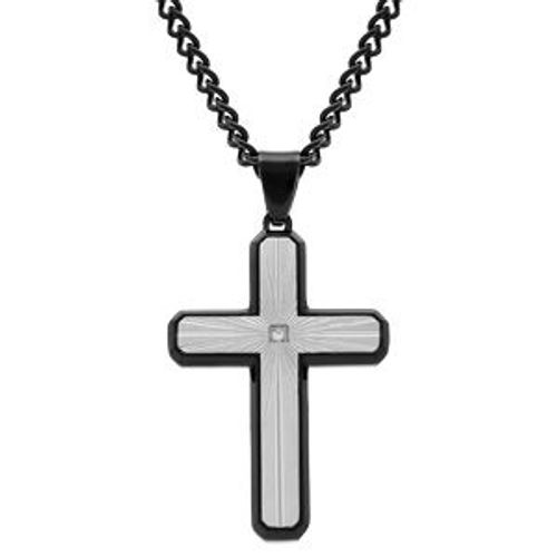Collier Acier Pvd Noir Pendentif Croix Acier Gris Striée 38x26mm Et Contour Pvd Noir Avec Oxyde Blanc 50+10cm
