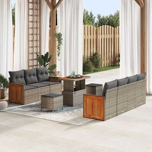 Ensemble De 10 Pièces De Sofa De Jardin Avec Coussins Gris Poly Rattan Acacia