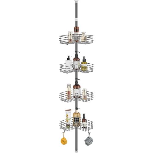 Etagere Douche Telescopique Rangement Salle De Bain Sans Percage Acier Inoxydable Avec 4 Plateaux, Reglable Hauteur 85-325cm, Convient Pour Baignoire Et Cuisine, Gris[Rac62400696]
