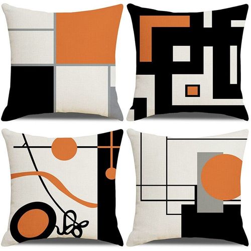 Housse De Coussin Lot De 4 Coton Lin Moderne Noir Orange Motif Géométrique Décoratif Taie D'oreiller Décoration 45 X 45 Cm Pour Canapé Chambre Maison Décoration D'intérieur