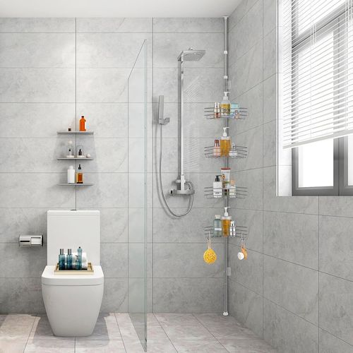 Étagère Douche Telescopique, Etagere Salle De Bain D'Angle Sans Perçage Pour Métal Avec 4 Paniers De Rangement Douche, Réglable En Hauteur 85-325Cm, Gris[RAC62402690]