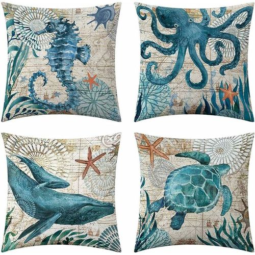 Lot De 4 Housses De Coussin Imperméables De Style Méditerranéen Pour Canapé, Salon, Lit, Terrasse, Bleu, 45,7 X 45,7 Cm