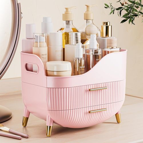 Rangement Maquillage Organisateur Avec 2 Tiroirs, Stockage Produit De Beauté Multifonctionnel, Rangement Parfum Skincare Grande Capacité Pour Vanité, Salle De Bain (Rose)[RAC62403394]