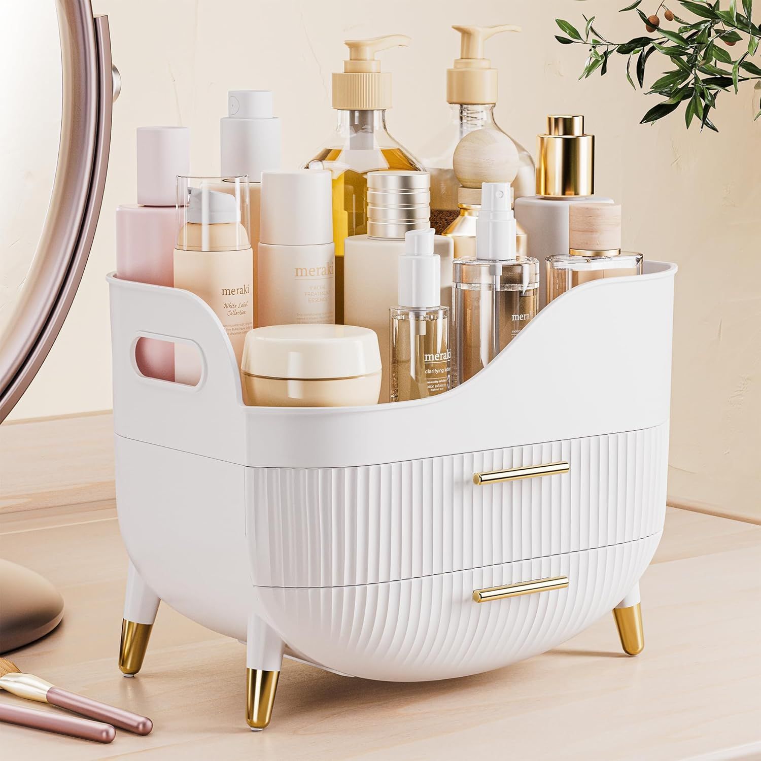 Rangement Maquillage Organisateur Avec 2 Tiroirs, Stockage Produit De Beauté Multifonctionnel, Rangement Parfum Skincare Grande Capacité Pour Vanité, Chambre, Salle De Bain (Blanc)[RAC62403396]