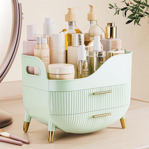 Rangement Maquillage Organisateur Avec 2 Tiroirs, Stockage Produit De Beauté Multifonctionnel, Rangement Parfum Skincare Grande Capacité Pour Vanité, Salle De Bain (Vert Menthe)[RAC62403395]