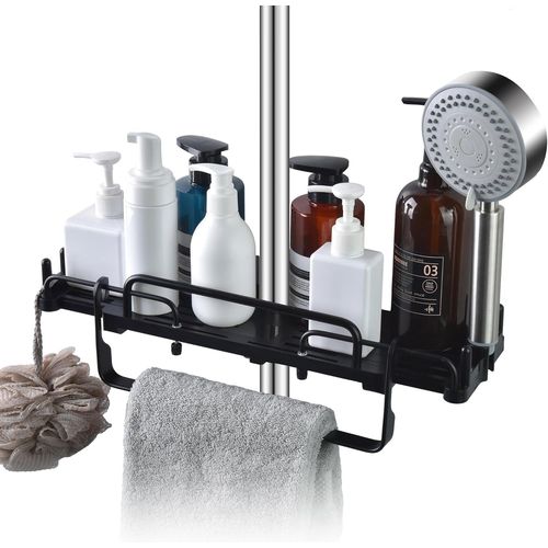Étagère De Douche Télescopique 32-48 Cm, Suspendre Pour Salle De Bain Sans Perçage, Avec Porte-Serviettes, Étagère De Rangement Pour Barre De Douche De 18 À 25 Mm (Noir)[RAC62400230]