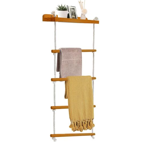 Porte Serviette En Noix 5 Niveaux, 2-En-1 Porte Torchon Cuisine Murale, Échelle Porte Couvertures, Echelle Decorative Bois Pour Serviette De Bain, Vêtements Ou Journaux, Echelle Sa[RAC62404135]