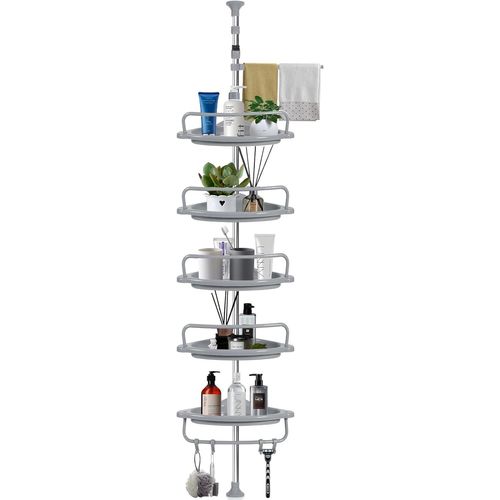 Etagere Salle De Bain, Étagère Salle De Bain Télescopique, Étagère De Douche Réglable En Hauteur 100-320 Cm, Acier Inoxydable Sans Perçage, 5 Plateaux, 4 Crochets, 1 Porte-Serviett[Rac62400249]