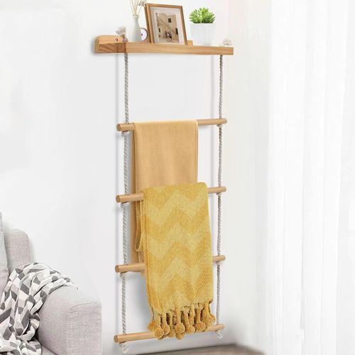 Échelle Porte Serviette 4 Barres De Séchage, Porte Serviette Salle De Bain Bois Avec Support De Rangement, Echelle Decorative Bois Pour Salles De Bains (98 * 43 Cm)[RAC62402440]
