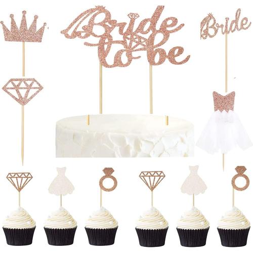 Or rose paillettes mariée à être Cake Topper Cupcake Toppers avec diamant,  Couronne, 3D robe de mariage Cupcake Toppers pour fournitures de douche