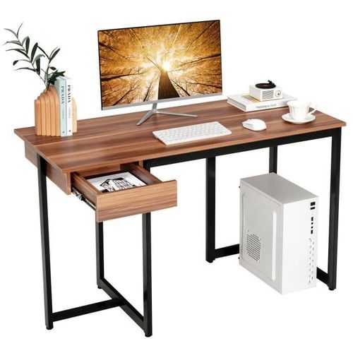 Costway Bureau Informatique Avec Tiroir, Cadre En Métal, Repose-Pieds Réglables, 120 X 55 X 75 Cm, Noyer