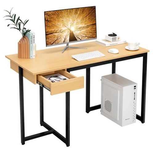 Costway Bureau Informatique Avec Tiroir, Cadre En Métal, Repose-Pieds Réglables, 120 X 55 X 75 Cm, Naturel