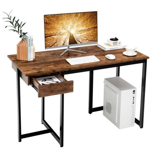 Costway Bureau Informatique Avec Tiroir, Cadre En Métal, Repose-Pieds Réglables, 120 X 55 X 75 Cm, Marron Rustique