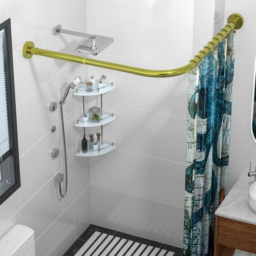 Tringle À Rideau De Douche Extensible En Acier Inoxydable 304 En Forme De L Pour Salle De Bain, Baignoire (Doré 68,6 À 99,1 X 68,6 À 99,1 Cm), Installation Sans Perçage, Pour Salle[RAC62410789]