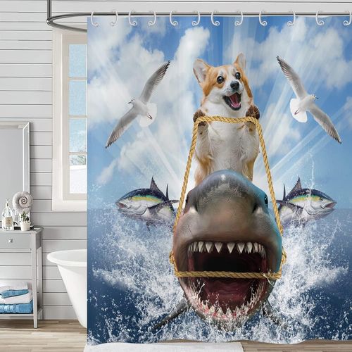 Rideau De Douche Drôle 180X200, Chien Cooler Cavalier Requin Rideau De Douche Océan Vagues Mouette Poisson Bleu Mignon Enfants Garçons Rideau De Baignoire Imperméable Tissu Rideau [RAC62412788]