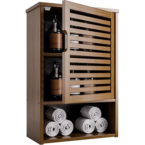 Armoire De Salle De Bain Murale, Armoire À Pharmacie En Bambou, Organisateur De Rangement Peu Encombrant Au-Dessus Des Toilettes, Porte Simple Et Étagère Réglable, Noyer[Rac62407379]