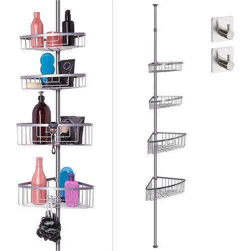 Etagères De Douche Télescopique Sans Perçage - 4 Paniers - Taille Réglable De 76 À 280 Cm - Embouts Caoutchoutés - Acier Poudré Avec Aspect Chromé + 2 Crochets Auto-Adhésifs[RAC62406816]