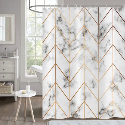 Rideau De Douche Marbre 180x180, Gris Et Blanc Avec Or Ligne Géométrique Abstrait Moderne Luxe Art, Baignoire Etanche Polyester Tissu Lavable Avec Crochets[Rac62405586]