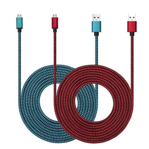 Lot de 2 câbles micro USB de 3 m avec charge rapide 3 A,ultra durables en nylon tressé pour Galaxy S7/S6/J8/J7 Note 5,Kindle,LG,PS4,appareil photo,Xbox One et plus (rouge + bleu)
