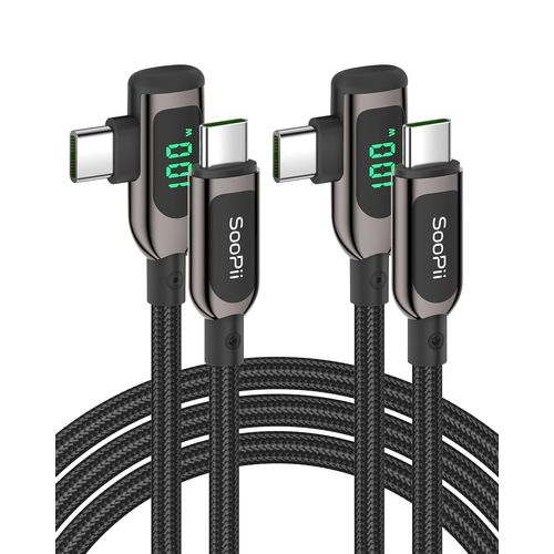 Lot de 2 câbles USB C vers USB C à angle droit 100 W avec affichage LED,câble de charge USB C PD tressé de 1,2 m de long en alliage de zinc et nylon pour iPhone 15,lPad Pro,MacBook Pro