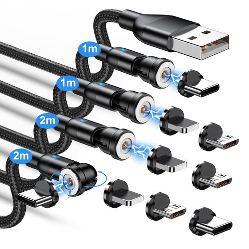 Chargeur Magnétique 4pcs[1 M + 1 M + 2 M + 2 M ] Rotatif À 360 ° Et 180 ° Câble Magnetique Aimanté Pour Usb C/Micro Usb/Iproduits I/Smartphone(Noir)