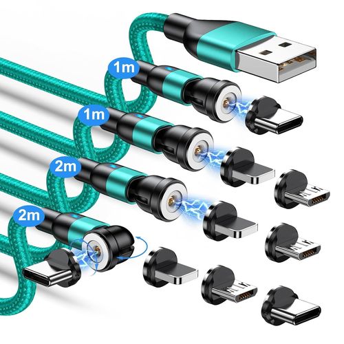 Chargeur Magnétique 4pcs[1 M + 1 M + 2 M + 2 M ] Rotatif À 360 ° Et 180 ° Câble Magnetique Aimanté Pour Usb C/Micro Usb/Iproduits I/Smartphone(Vert)