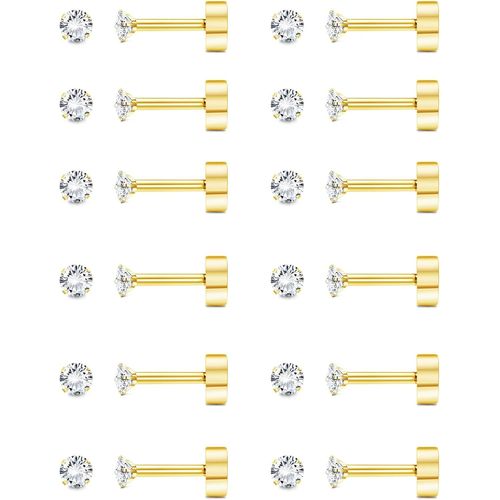 12 Paires De Boucles D'oreilles À Dos Plat 14k 20g Boucle D'oreille Cartilage Minuscule 2mm 3mm 4mm Boucles D'oreilles À Dos Plat