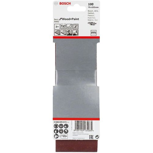 Accessories 3 pcs. Kit Bande Abrasives X440 Best for Wood and Paint (pour Bois et Peinture, 75 x 533 mm, Grain 100, Accessoires pour Ponceuses à Bandes Abrasives)