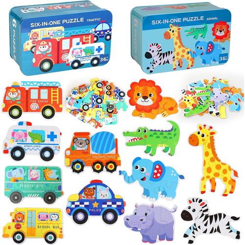 Puzzles en Bois,12 Pièces Puzzle en Bois Enfant pour 1 2 3 4 Ans,6 en 1 Puzzles Animaux,Puzzle à Encastrement Educatif Apprentissage Jeux pour Garçon Fille Anniversaire Noël Cadeau