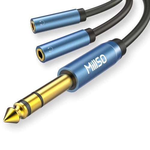 Câble répartiteur 6,35 mm à 3,5 mm Prise 2X 3,5 mm vers 1x Adaptateur Jack/Jack TRS 6,35 mm avec Contacts plaqués Or et Manchon métallique pour Haut-parleurs et Casque - 30CM