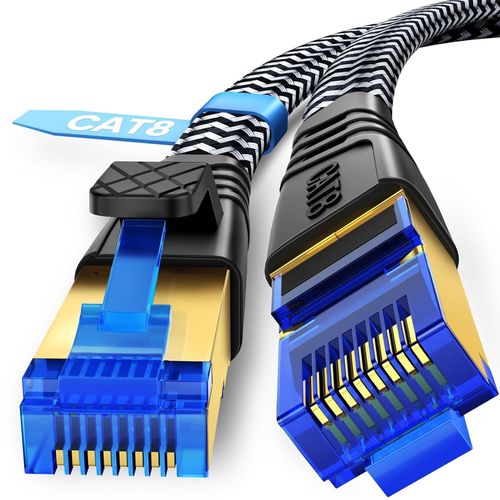 Cat 8 Câble Ethernet, 5m Câble RJ45 Internet, Réseau Super Débit 40Gbps 2000MHz Haut Débit S/FTP, Câble LAN Plat Nylon Tressé Compatible avec Routeur Switch TV Box Internet