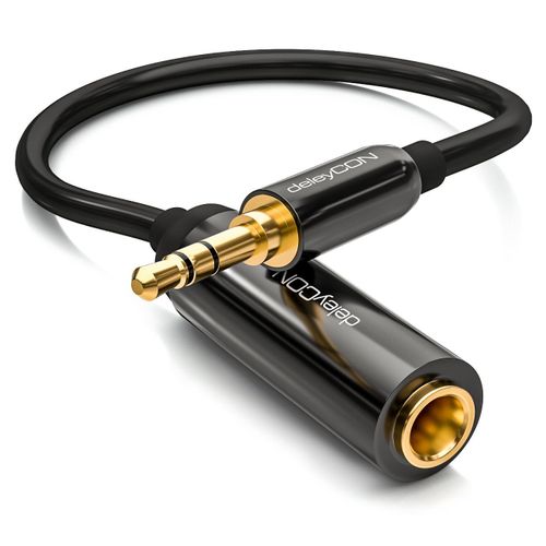 0,2m Câble Adaptateur Jack Stéréo Audio - Mâle 3,5mm vers Femelle 6,3mm - Mâle & Femelle Doré - Noir