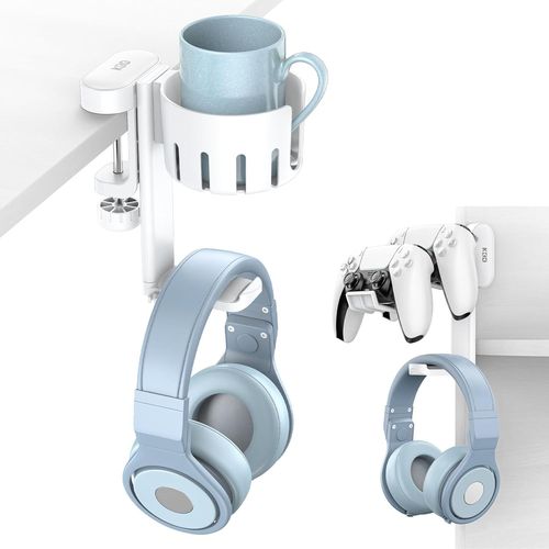 Support Casque Gamer Rotatif - 3 en 1 Porte Casque Bureau, Support Manette & Porte Gobelet Remplaçable, Compatible avec Casque Universel, Contrôleur, Tasse (Blanc)