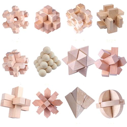 12Pcs Casse-tête en Bois Puzzle Logic Puzzles, IQ Games IQ Test Challenge Jouet 3D Puzzles imbriqués Jeu de démêlage pour Enfants Adolescents Adultes